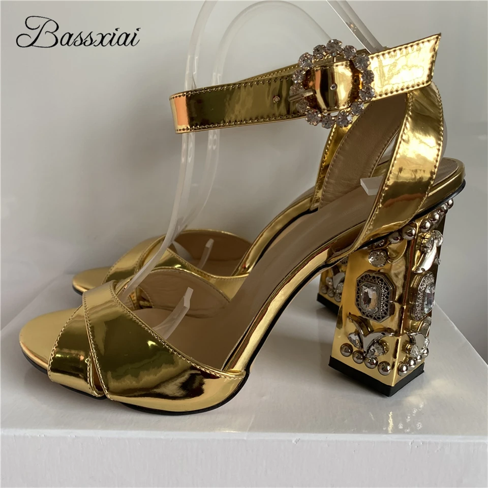 Luxury Patent Leather Cross Band Sandals Women Diamond High Heels Ankle Strap Rhinestone Summer Sandalias De Mujer