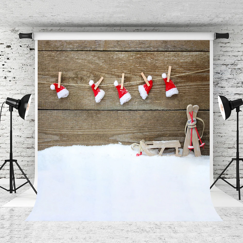 

VinylBDS Christmas Photo Backdrops Wooden Photography Backgrounds Red Christmas Hat Photo Backdrops for Children Photo Studio