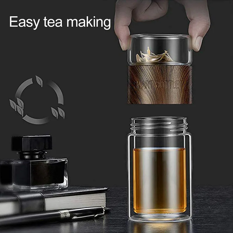 YMEEI 200ML Tea Water Bottle Travel Drinkware Portable Double Wall Glass Tea Infuser Tumbler Stainless Steel Tea Filters