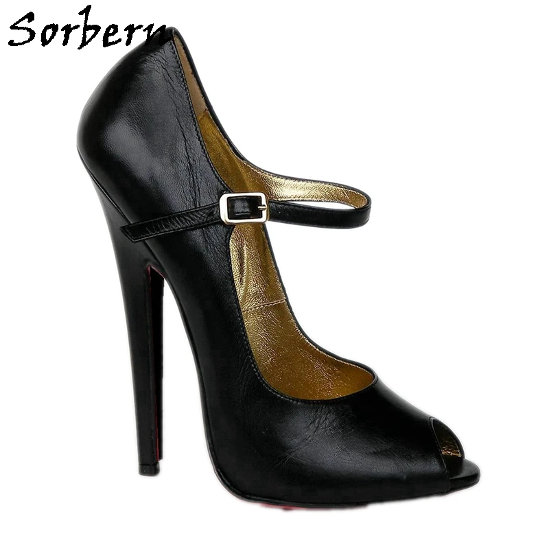 Sorbern Elegant Mary Janes Pump Shoes Round Toe / Peep Toe Shoe Ladies Stilettos 16Cm Genuine Leather Female Shoes Custom Colors