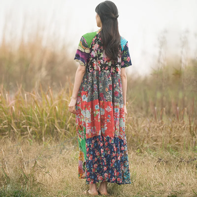 Summer New Cotton Printing Ethnic Style Pannelled Stitching Pastoral Dress Floral Dress Long Dress Women