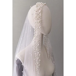 Velo de novia de una capa, tocado de cuentas de perlas, Blanco/Marfil, Catedral romántica, EE507