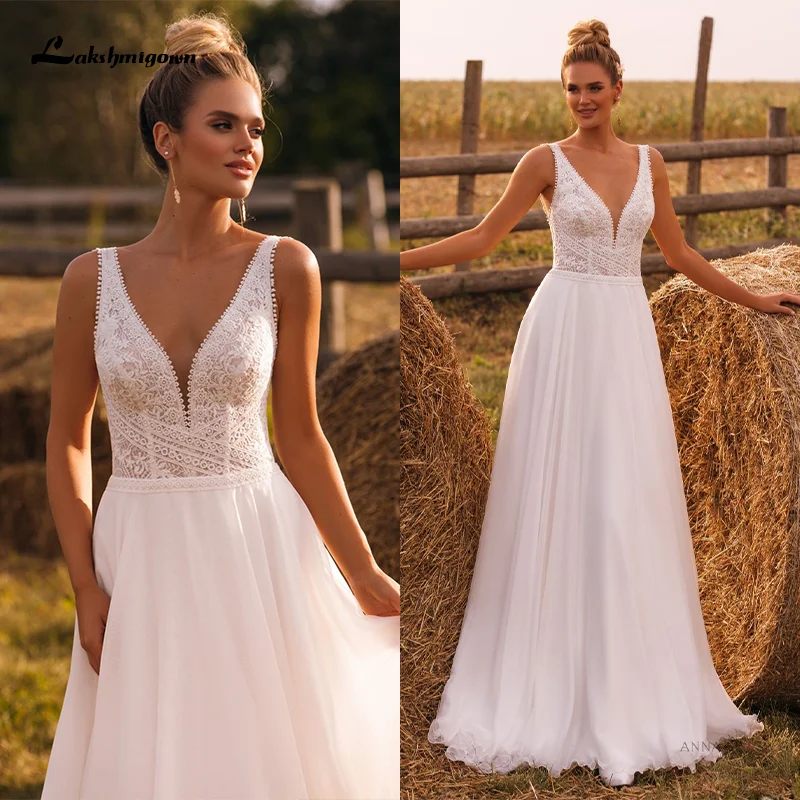 

Customize Boho A-Line Wedding Dress High Quality Sleeveless Backless Sweep Train White Ivory Chiffon Bridal Gowns Robe De Mariée