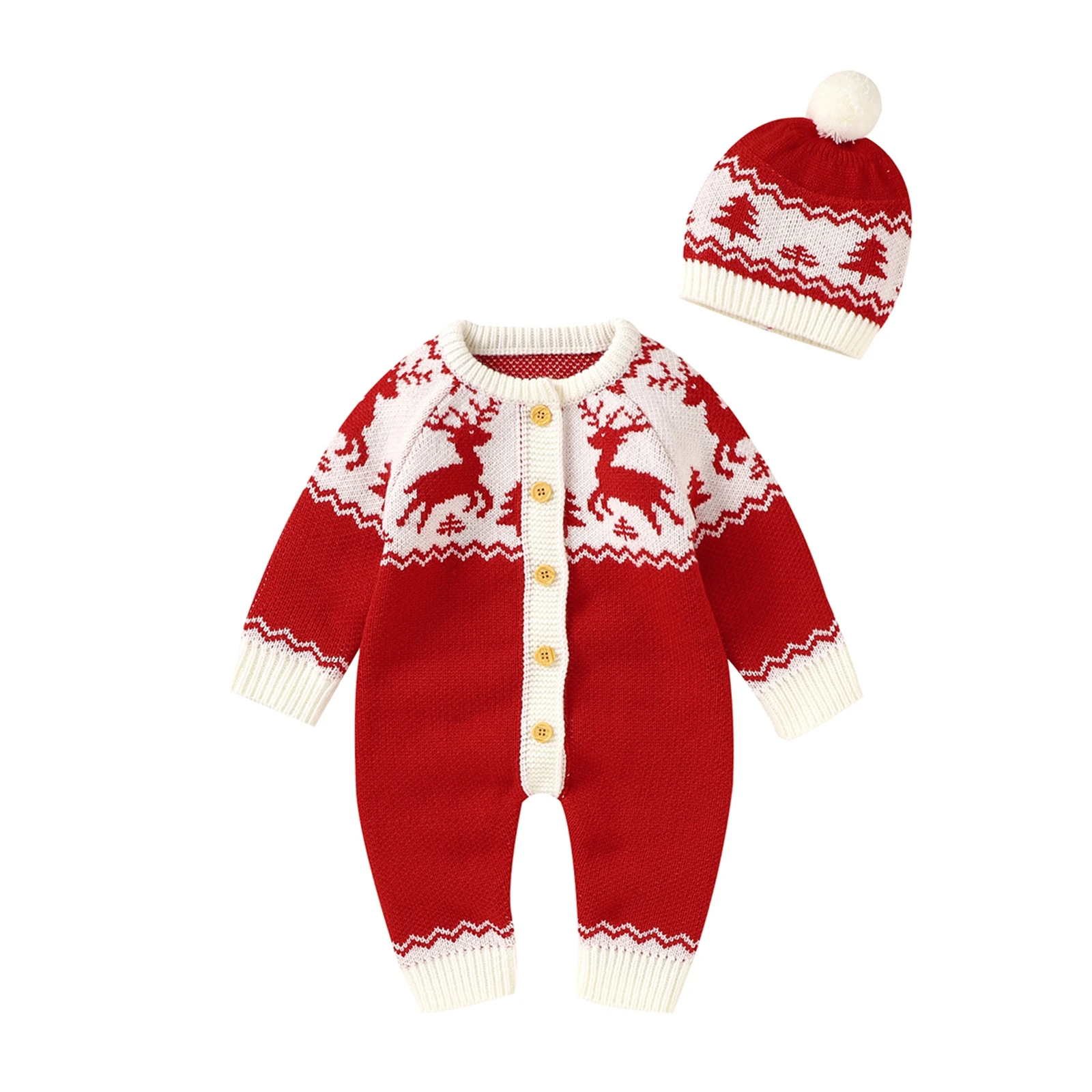 My First Christmas Clothes Rompers Overalls  Casual Long Sleeve Jumpsuit with Hat Cute Fawn Knitted Single-breasted  Long Pants