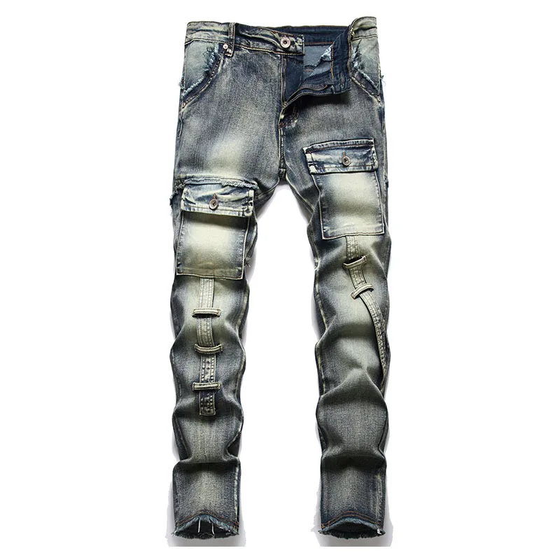 Mcikkny Mens Vintage Ripped Jeans With Multi Pockets Washed Motorcycle Denim Trousers For Male Patchwork