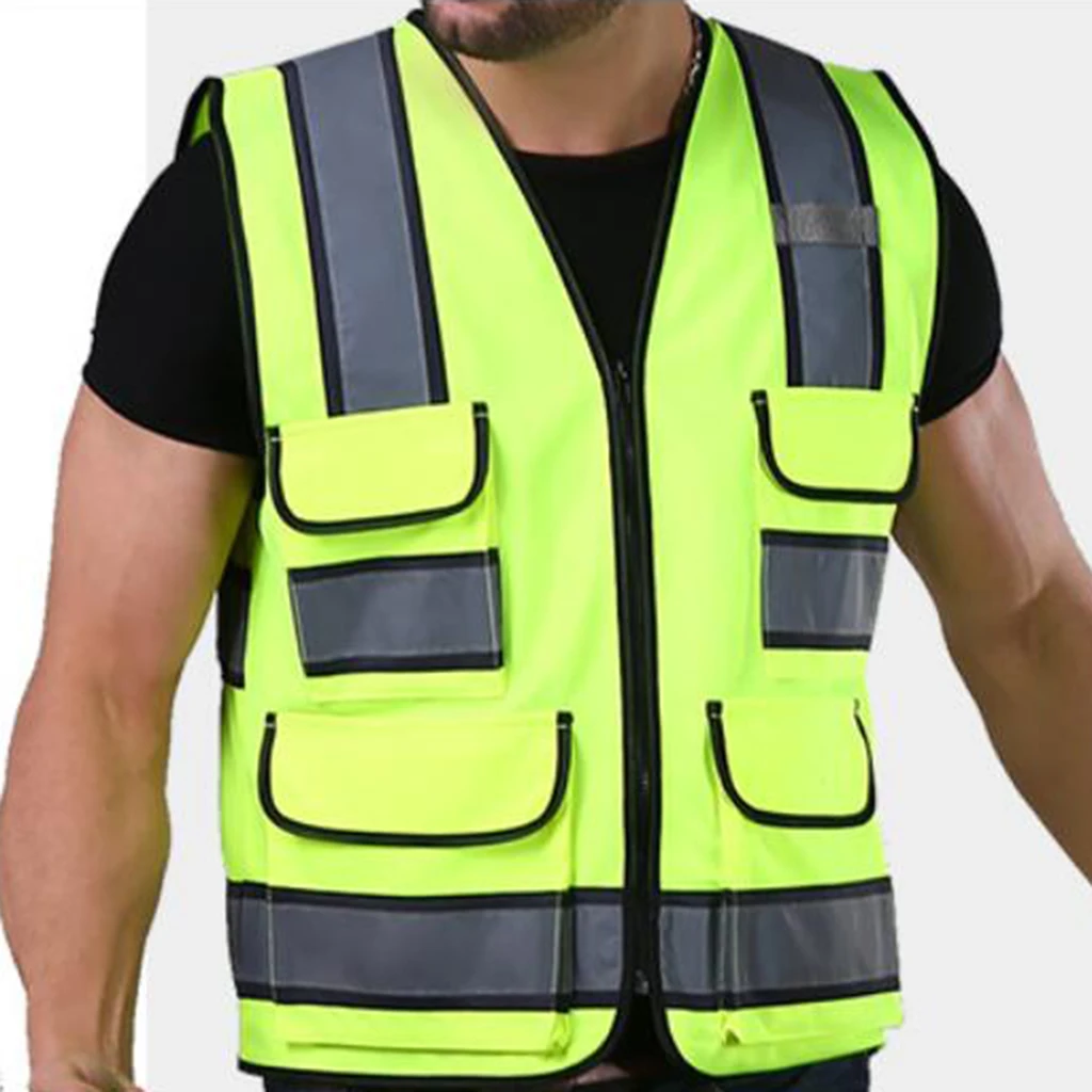 Reflective Vest Safety Sleeveless Waistcoat With Zipper Yellow E