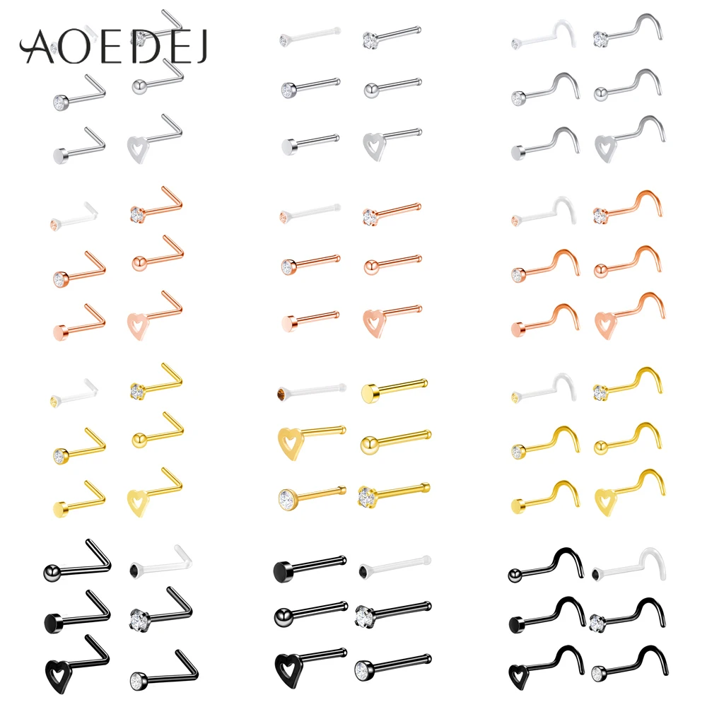 AOEDEJ 6pcs/lot 20G Stainless Steel Crystal Rhinestone Nose Rings Body Jewelry Nose Studs Hooks Body Piercing for Women