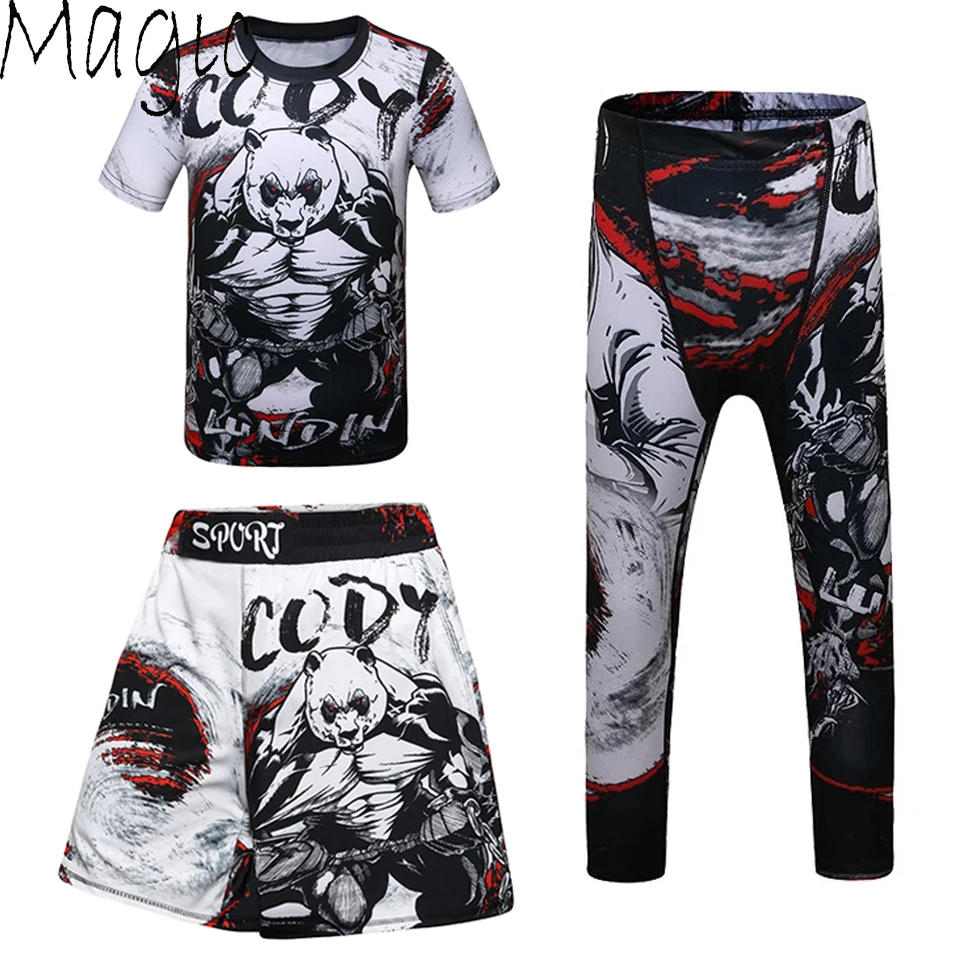 Kaus Jiu Jusit Rashguard + Set Celana Anak-anak Celana Pendek Bjj Tinju Muay Thai MMA Pelindung Ruam untuk Anak-anak Pakaian Olahraga Kompresi MMA