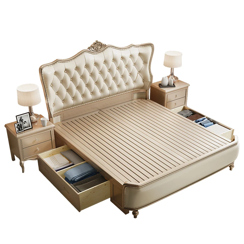 

European light Luxury Bed leather master bedroom wedding bed modern simple 1.8 solid wood Double Drawer Bed