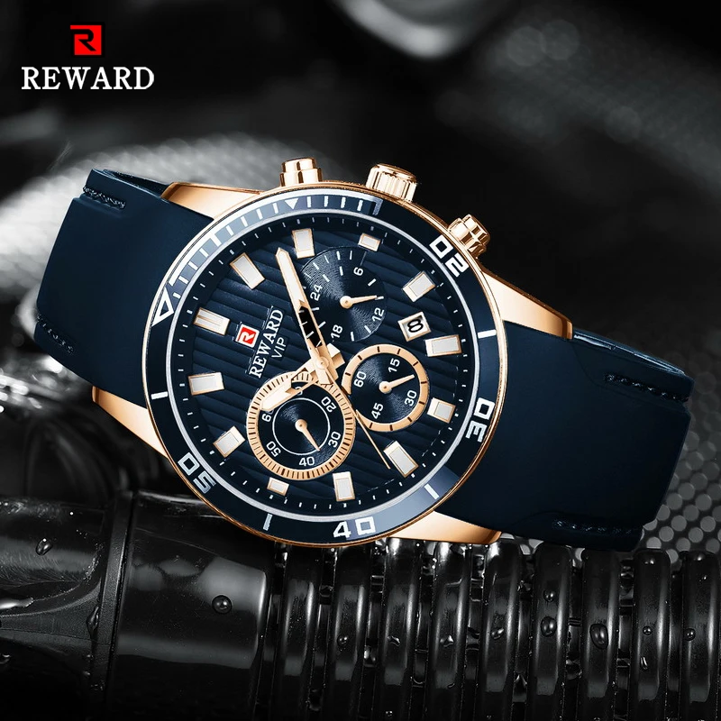 REWARD Mens Watches Top Brand Luxury Blue Quartz Watch Chronograph Men Silicone Waterproof Date Sport Wrist Watch Man Male Clock