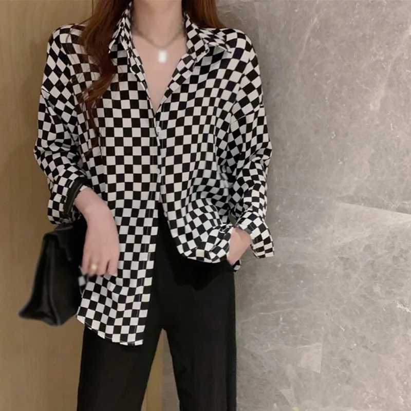 Autumn Women Black And White Plaid Blouse Retro Loose Lapel Long Sleeve Shirt Sexy  Casual Streetwear Woman Blouses