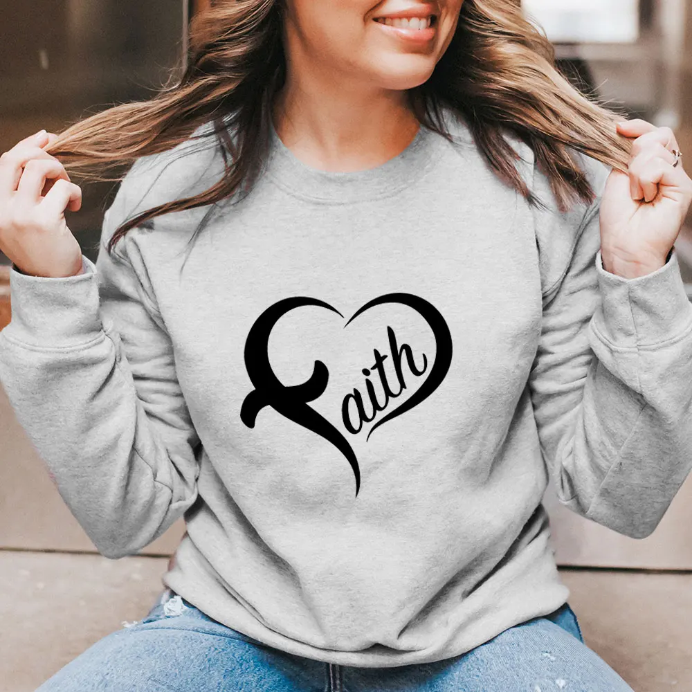 

Faith Heart Graphic Print New Arrival 100%Cotton Women Casual Winter O-Neck Long Sleeve Top Christian Sweatshirt Faith Gift