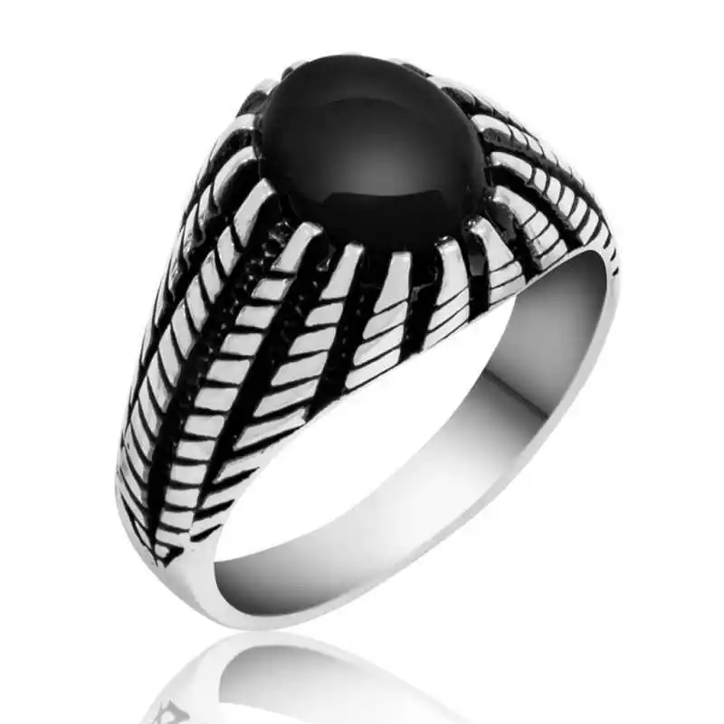 Silver Black Stone Men's Ring - 925 Sterling Men's Jewelry Wedding Birthday Gift - Box - Men - Fashion - Botiva - Size - Turkish - Patterned Embroidery