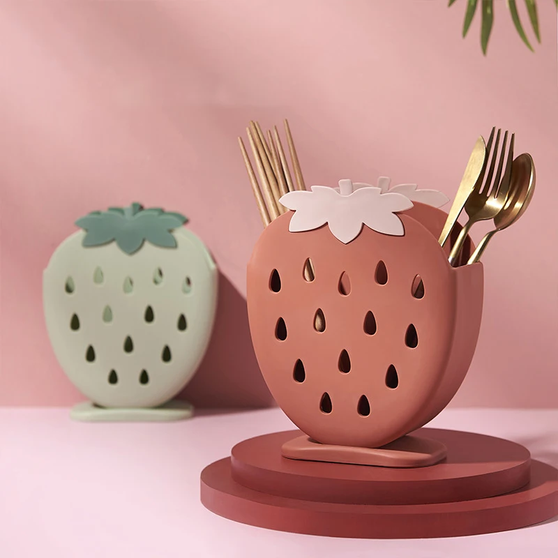 Household Strawberry Shape Chopstick Cage Kitchen Integrated Multifunctional Double Grid Drain Chopstick Box Storage Supplies