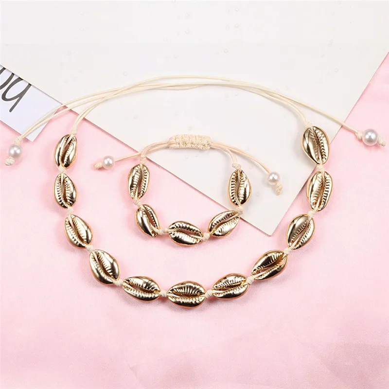 Hot Natural Shell Women Necklace Bracelet Set Women White Marine  Conch Black Rope Boho Jewelry Charm Accessories Festival Gifts