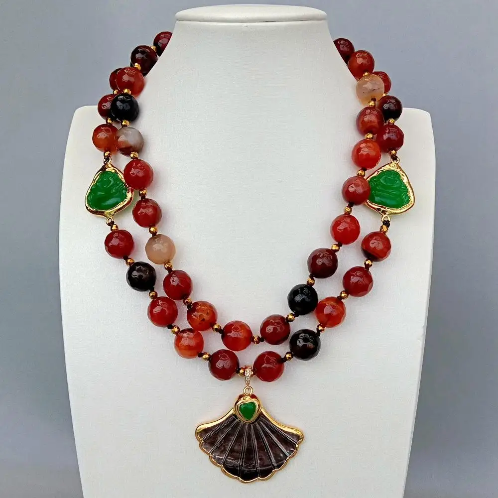 Y·YING Unique Statement Necklace 2 Rows Magic Agate Green Jade Buddha Black Shell Pendant Necklace 18