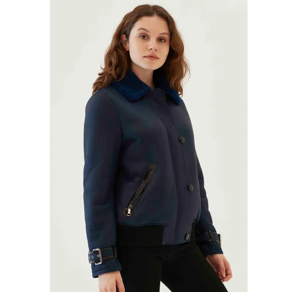 Denny&Dora New Womens Admiral Shearling Jacket Turkey Wool Coat College Outwear Short Fur Coat Blue Leather Jacket