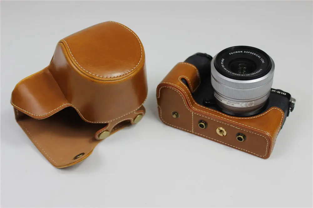 Luksusowa wersja skórzany pokrowiec ochronny do aparatu Fujifilm FUJI X-S10 XS10 pasek na ramię do torby otwór na baterie 15-45mm obiektyw