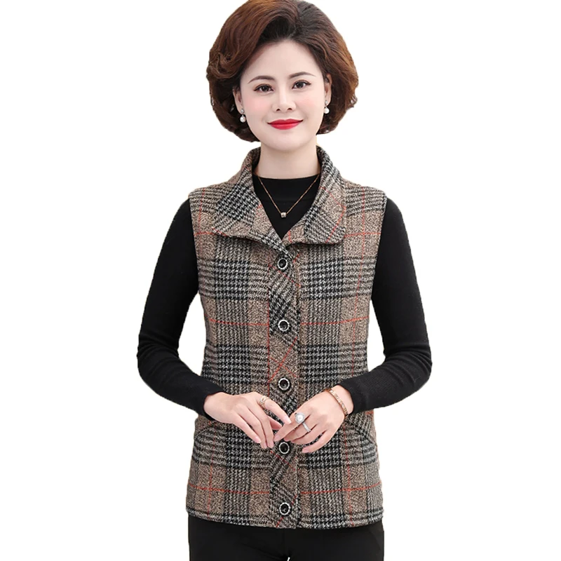 

Middle-Aged Elderly Ladies Vest New 2022 Spring Autumn Women Woolen Waistcoat Coat Single-Breasted Sleeveless Plaid Jacket 5XL