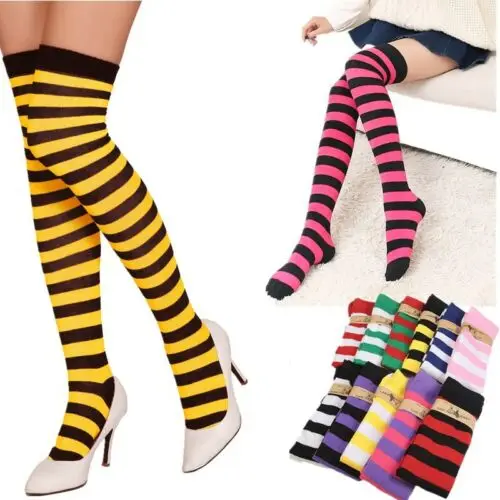 

New Women Girls Over Knee Long Stripe Printed Thigh High Striped Patterned Stockings Sweet Cute Striped Stockings