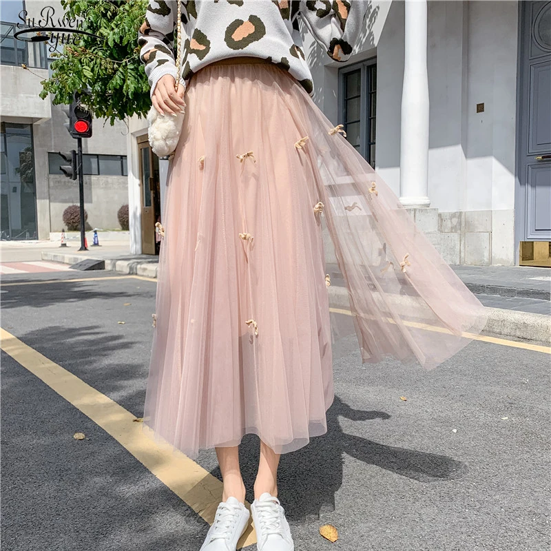 

Korean Slim Mesh Cake Skirt Sweet Casual Loose Gauze Skirt for Women Spring Fashion Solid High Waist Fairy Skirt with Bow 18385