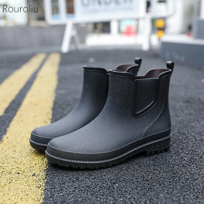 

Rouroliu Men Autumn Winter Warm Rainboots Non-Slip Mid-Calf Safety Work Water Boots Waterproof PVC Shoes