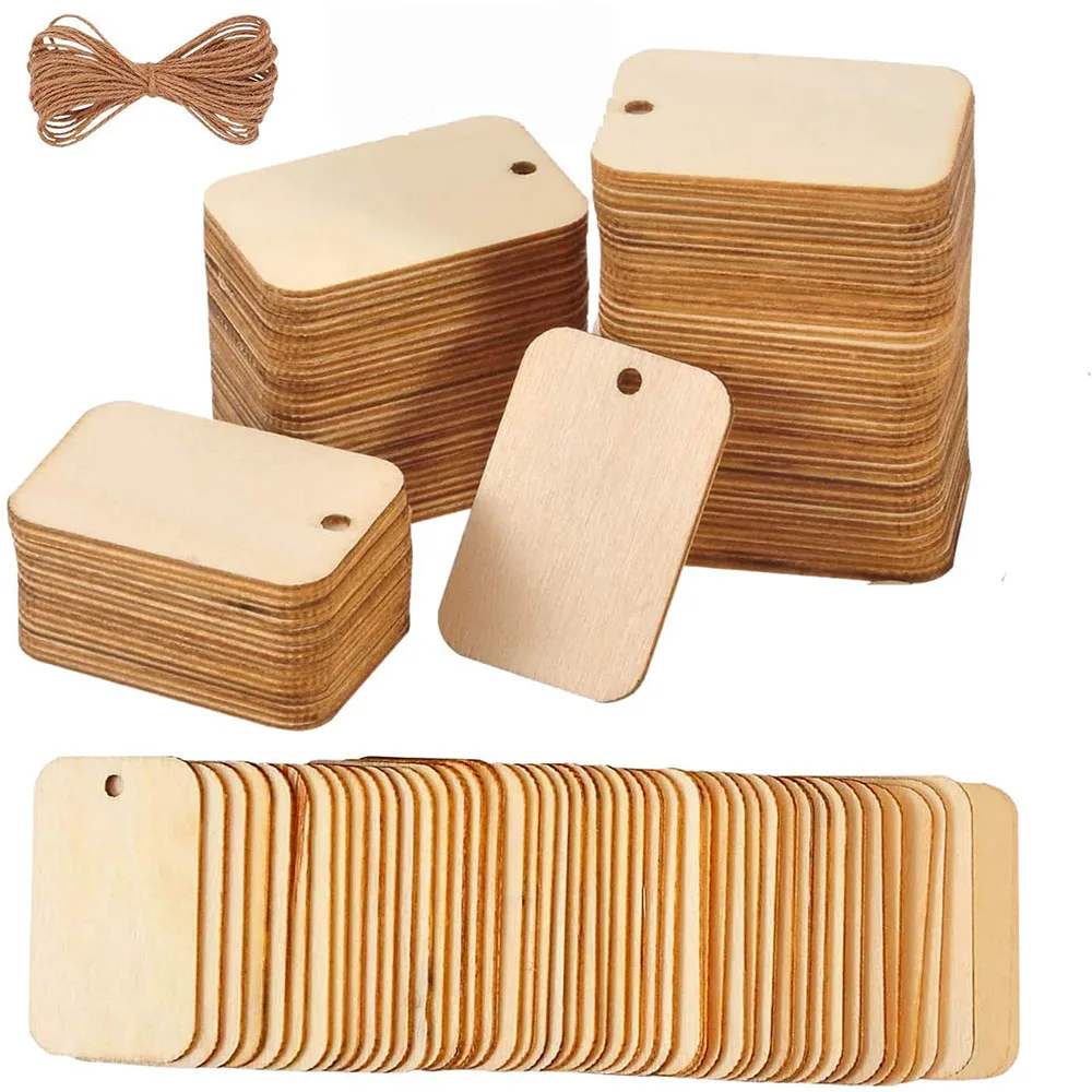 25/50Pcs  Unfinished Wood Slice Tags Rectangle Wooden Hanging Label With Hemp Rope DIY Craft  Hanging Wedding Christmas Decor