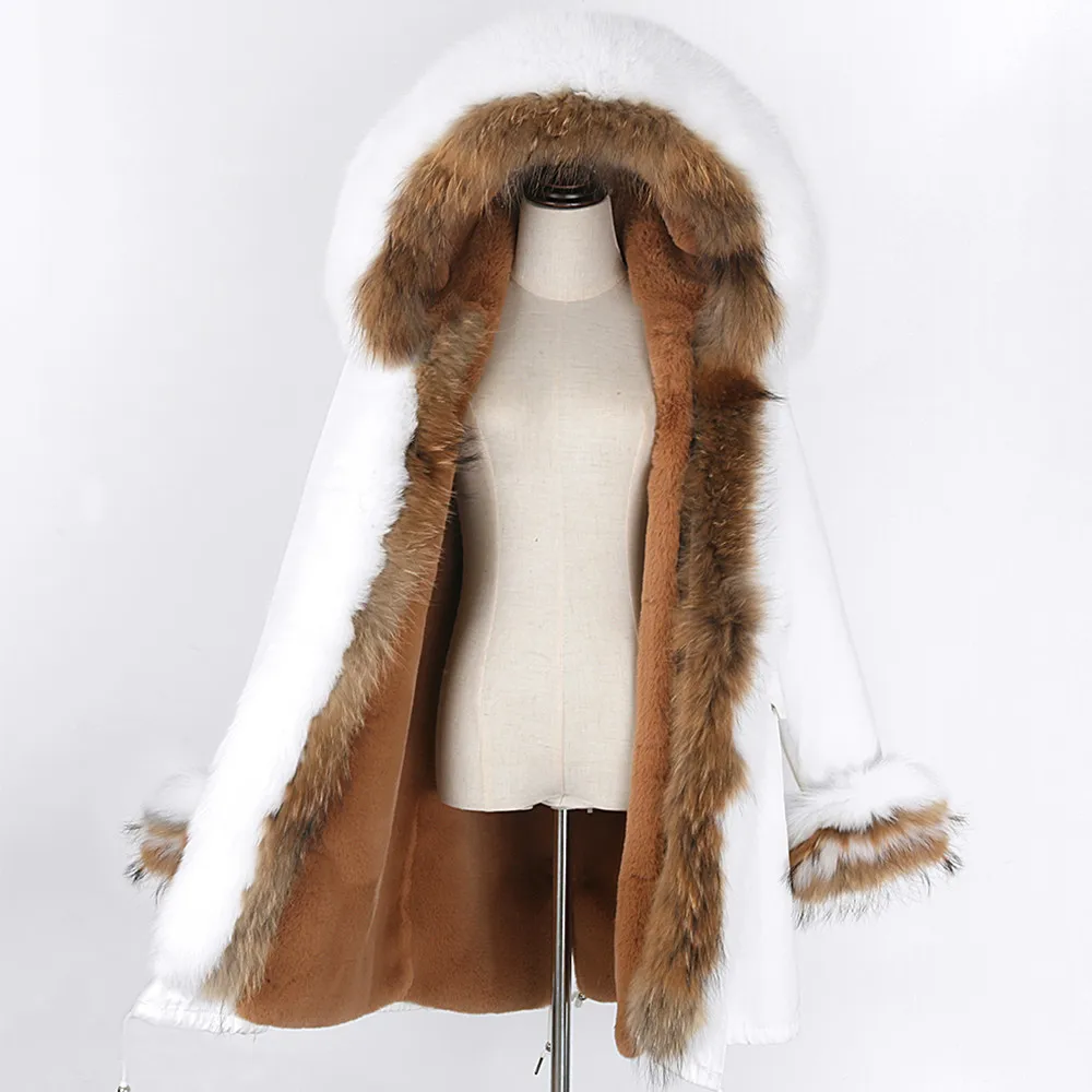 2022 New Real Fur Coat Women White Waterproof Faux Fur Liner Thick Warm Streetwear Long Winter Jacket