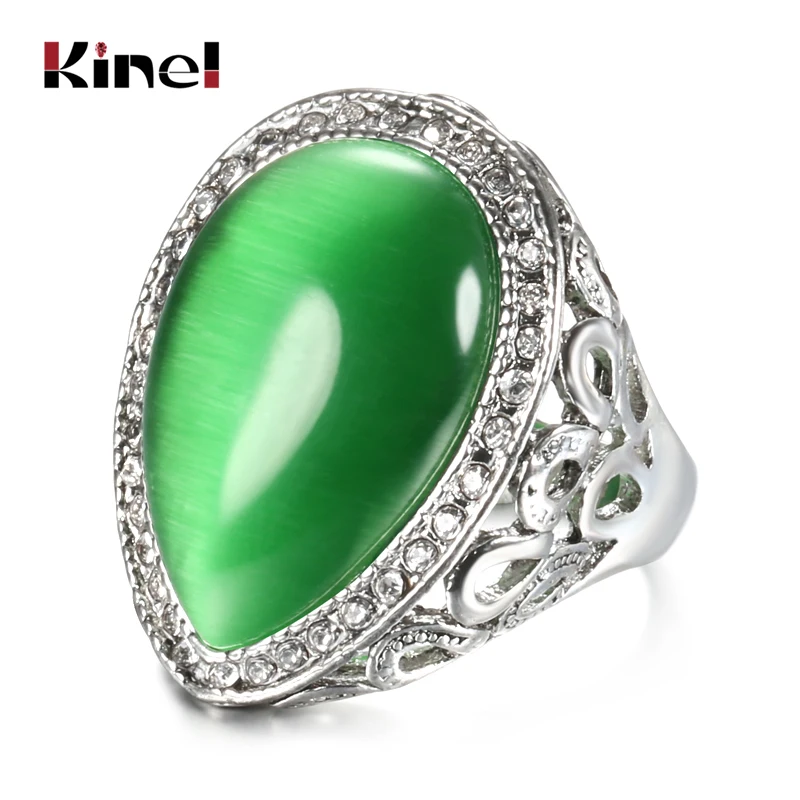 Kinel Female Water Drop Green Opal Big Rings Antique Silver Color Vintage Jewelry For Wedding Party Ring WK-2000