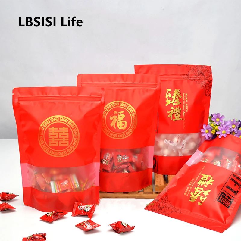 LBSISI Life 50pcs Chinese Fu Wedding Candy Cookie Biscuit Plastic Zipper Bag Food Zip Lock Spring Festival Packaging Bags