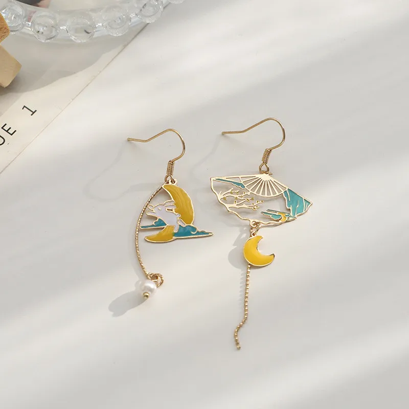 Chinese Style Folding Fan Crane Carp Lotus Asymmetrical Long Tassel Dangle National Style Earrings for Women Jewelry Gift