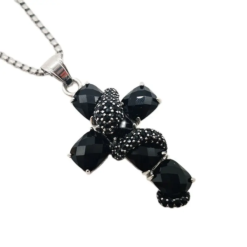 

Black Natural Onyx Stones Snake Cross Pendant Necklace Womens Fashion Stainless Steel Cross Necklace Jewelry ornament