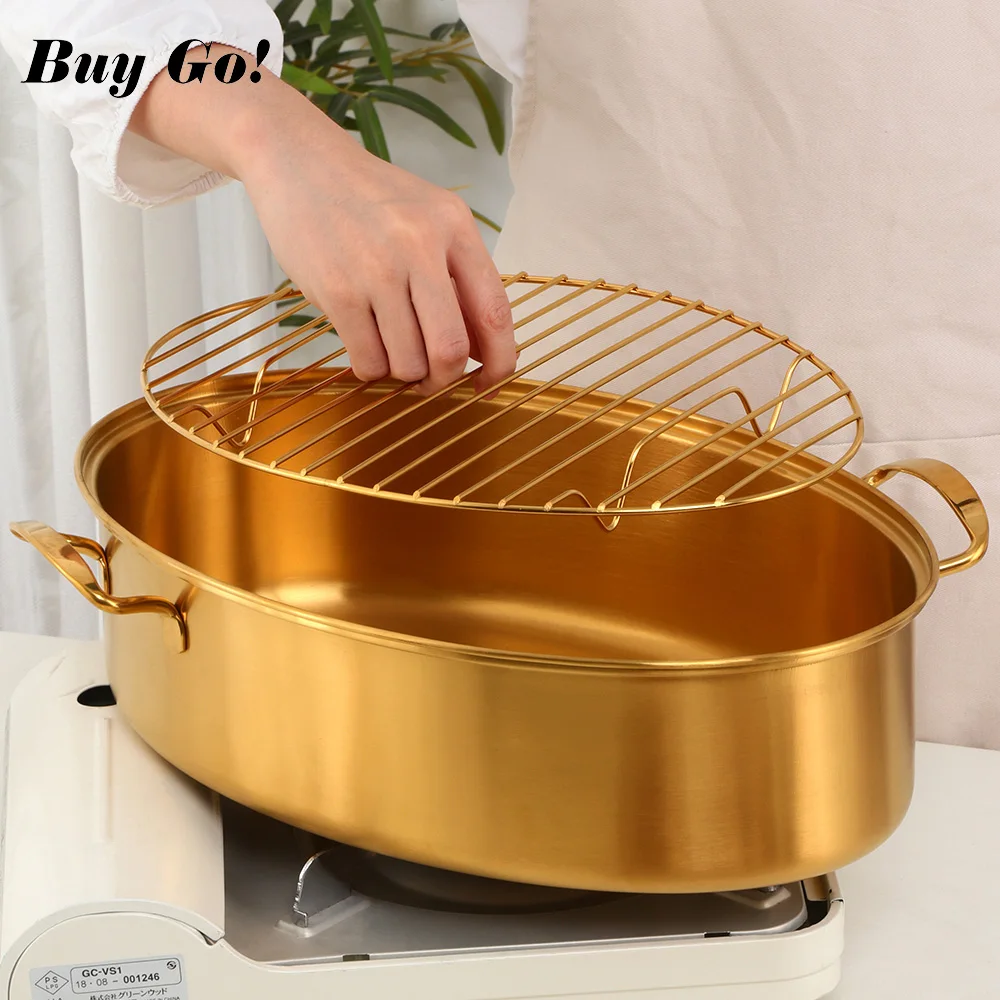 Kitchen Stainless Steel Gold Fish Steamer Pot With Rack Ceramic Plate Soup Pot Multi-function Oval Seafood Cooking Pot Cookware