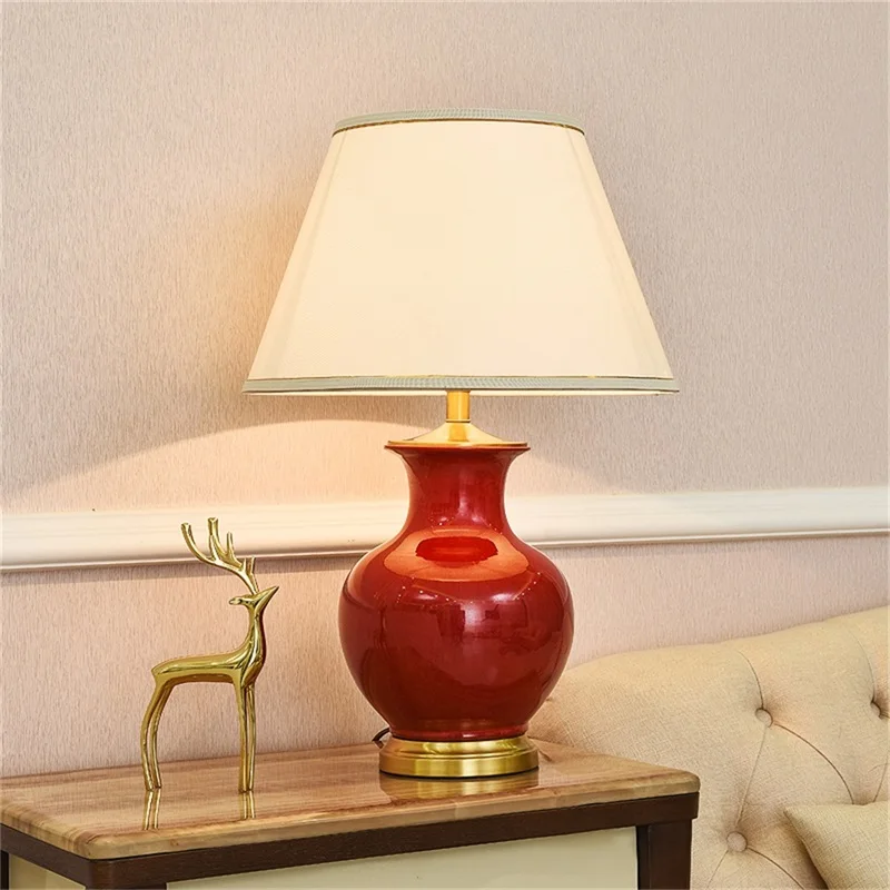 OURFENG LED Table Desk Lamp Copper Bedside Light Red Green Ceramic Decorative For Home Foyer Office Bed Room Study Dining Room