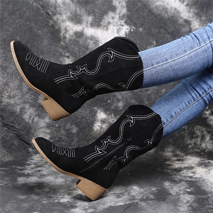 Autumn Flat Platform Cowboy Boots Women Shoes Autumn Winter Fur Leather Boots Fashion Round Toe High heels Ladies Shoes Large s