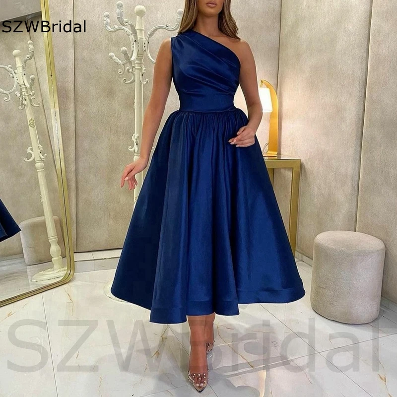 Elegant One Shoulder Short Burgundy Prom Dresses Tea Length A Line High Quality Satin Wedding Party Dress Plus Size Women Gown