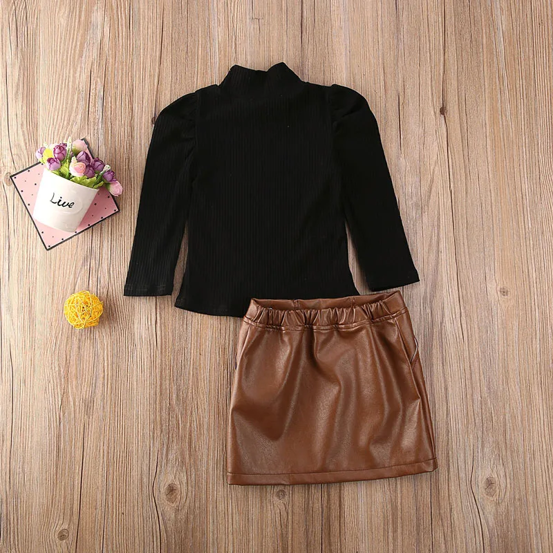 lioraitiin 1-5Years Toddler Baby Girl Autumn Fashion Clothing Set Long Sleeve knitting Black Top Leather Skirt 2Pcs Outftfit