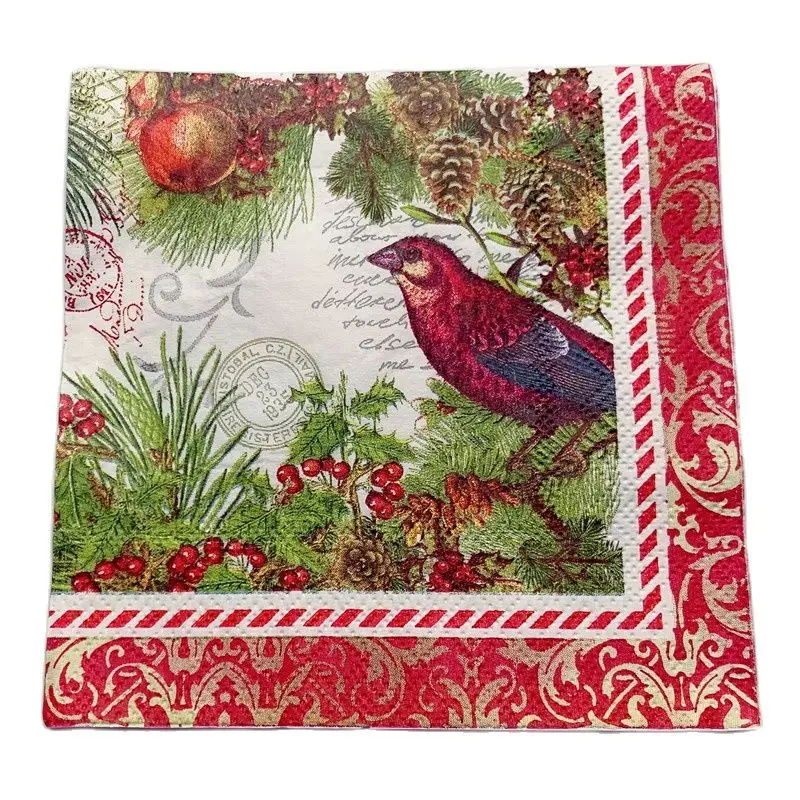 25cm Christmas Vintage Napkin Paper Elegant Tissue Patter Bird Fruit Decoupage Wedding Birthday Party Decoration Serviettes