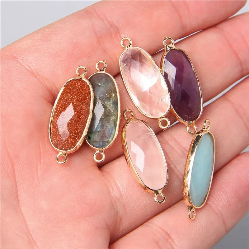 2pcs 10X26mm Natural Double Loop Crystal Stone Connector Pendant Charm Amethys for Jewelry Making Necklace Earring Accessory