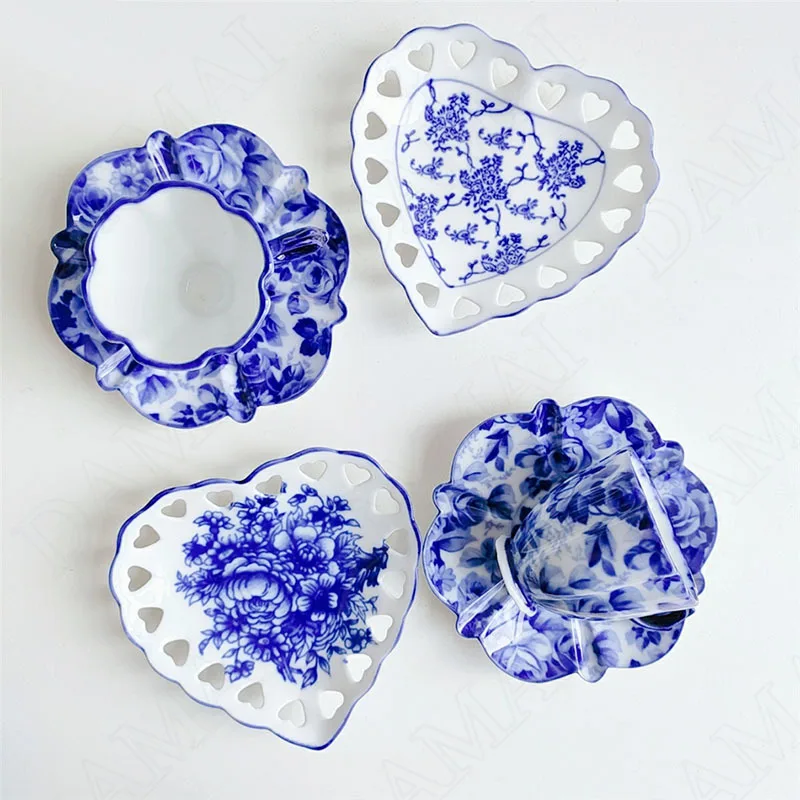 Hollow Out Ceramics Plate Blue and White Porcelain Cake Dessert Dish European Underglaze Color Afternoon Tea Cup and Saucer Set