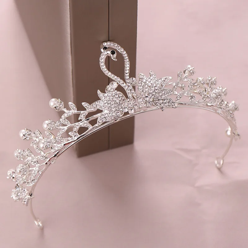 Baroque Swan Silver Crystal Pearl Tiara Crown Bridal Hair Accessories Brides Tiaras Wedding Headpiece Princess Queen Diadem