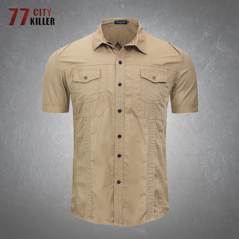 100% Cotton Military Short Sleeve Shirt Men's Casual Pockets Loose Breathable Shirts Male Outdoor Commute Combat Tactical Tops