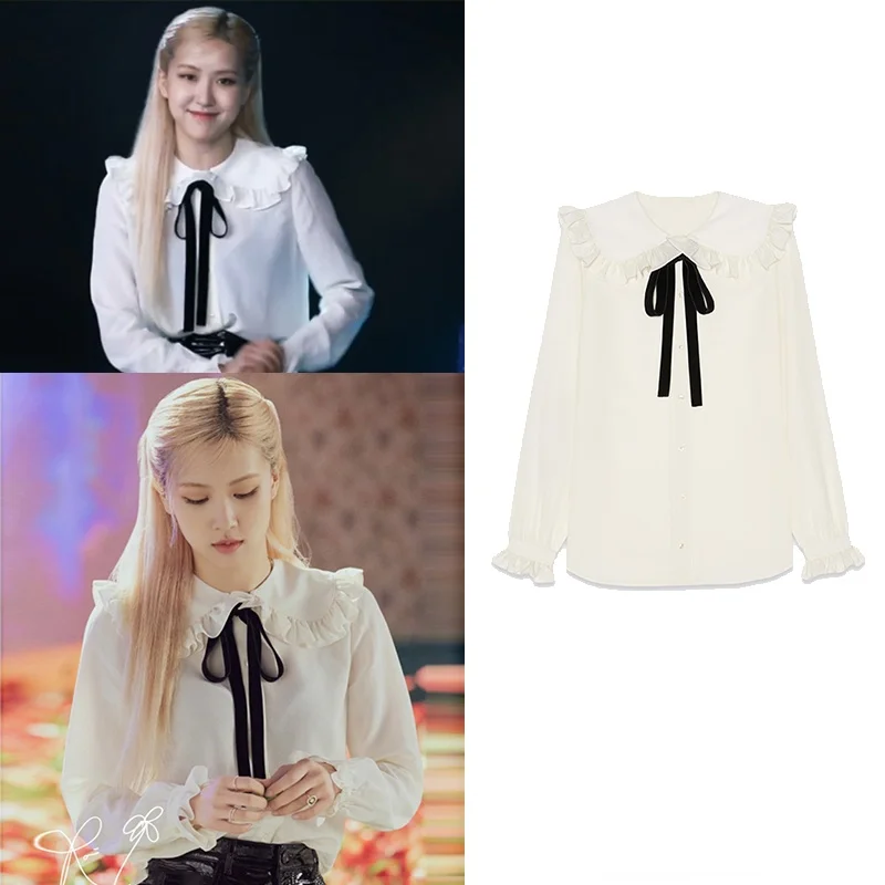 

Kpop ROSE Summer New Women Lace Up Cardigan White Shirt Streetwear Fashion Blouses Long Sleeve Ruffled Wild Female Bow-knot Tops