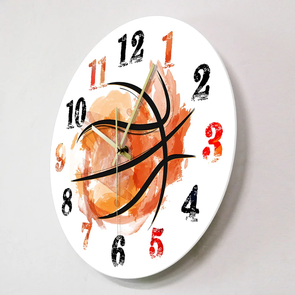 Watercolor Art Basketball Modern Wall Clock Splatter Painting Artwork Basketball Sports Decor Silent Timepieces for Boys Room