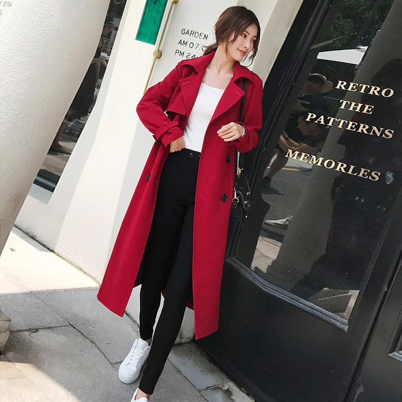 Autumn Korean Women Red Trench Coat With Sashes Elegant Double Breasted Long Sleeve Lapel Mid-length Windbreaker Female 2024 New