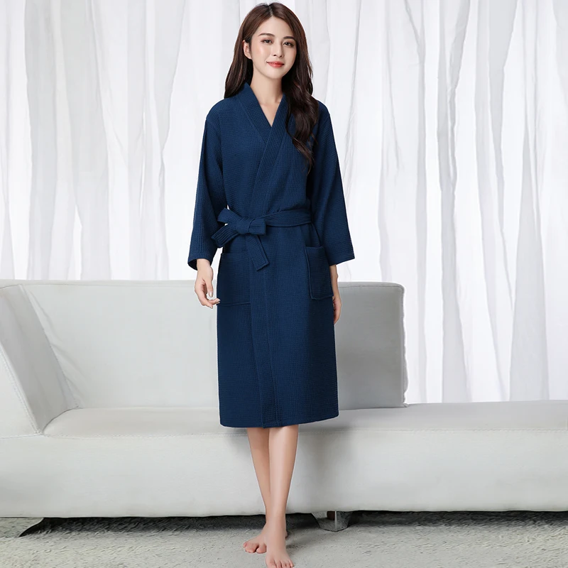 Solid Waffle Robe 100% Cotton Long Robe Women Soft Bath Robe Ladies Casual Nightrobe highly absorbent Sleepwear Loose Homewear