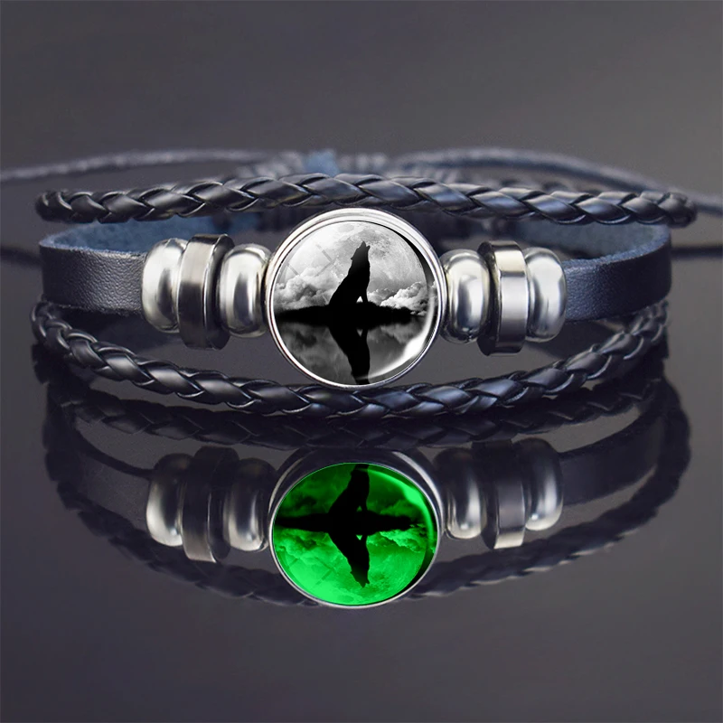 Luminous White Wolf Multi-Layered Braided Bracelet Handmade Wolf Art Picture Glass Dome Black Leather Men Bracelets Jewelry Gift