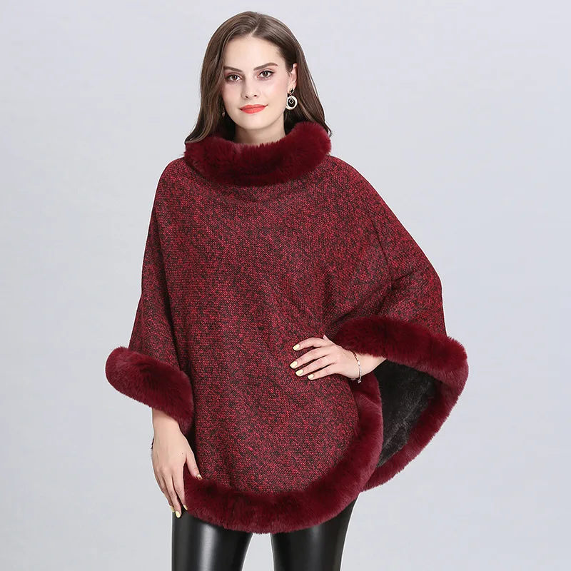 10 Colors Winter Velvet Warm Knitted O Neck Faux Fox Fur Poncho Shawl Women Capes Knitwear Plus Size Pullover Outstreet Overcoat