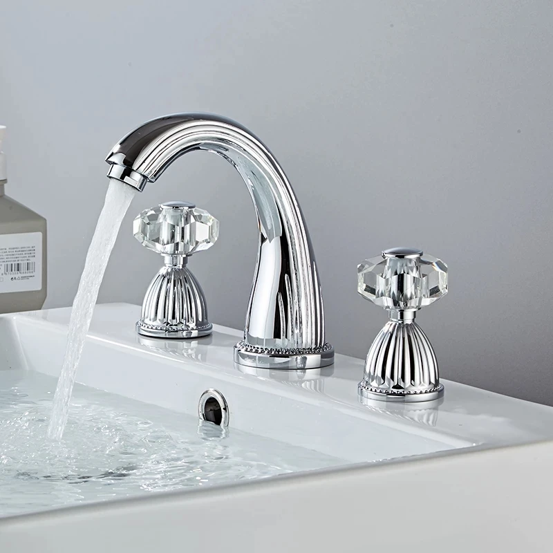 Crystal Handle Three-hole Basin Faucet Deck Mounted Bathroom Sink Faucet Double Handle 3 Hole Hot Cold Mixer Tap Faucet