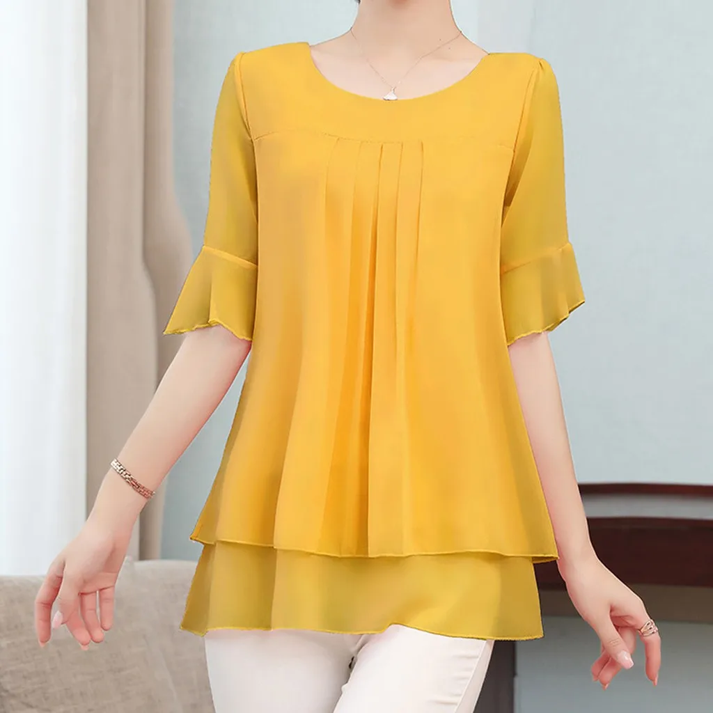 Lady Solid Color Blouse Women Yellow Fashion Top Chiffon Short Sleeve Casual Shirt Blouse Elegant Office Wear Femme 2022